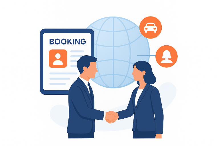 Professional illustration of global transport partnerships. Two business people shaking hands in front of a digital booking dashboard, with a glowing globe and connected transport icons (bus, car, driver, customer). Modern corporate SaaS design, clean white background with blue and orange accents.